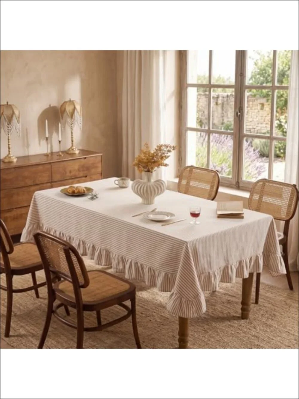 Farmhouse Ruffle Striped 100% Cotton Tablecloth 60x120 Rectangular